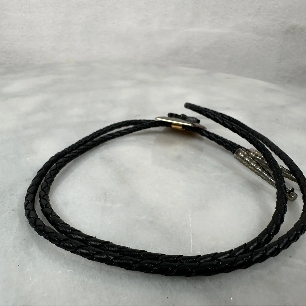 Bolo tie pistol western cowboy Black‎ Silver leather gun revolver braided gold